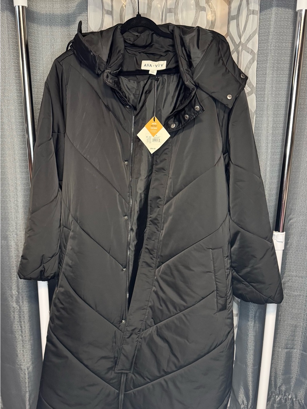 Ava & Viv Black Long Quilted Puffer Coat with Hood